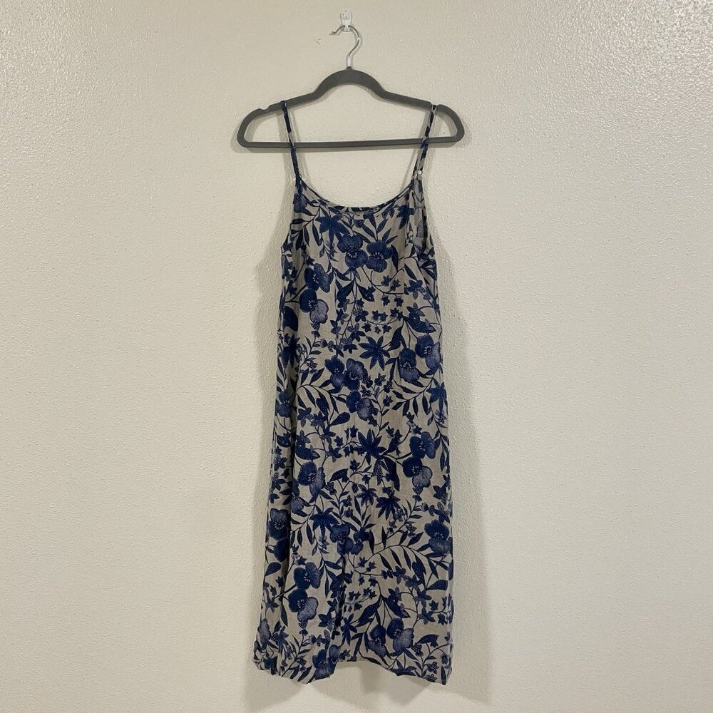 FLAX 100% Linen Midi Dress White & Blue Floral Print Made In USA Size P Small